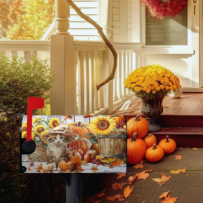 Fall Pumpkin Sunflower Mailbox Covers Magnetic 25.5X21 Inch Cute Cat Autumn Harvest Mailbox Cover Thanksgiving Wraps Post Letter Box Cover Large Size Garden Farm Outdoor Yard Decor