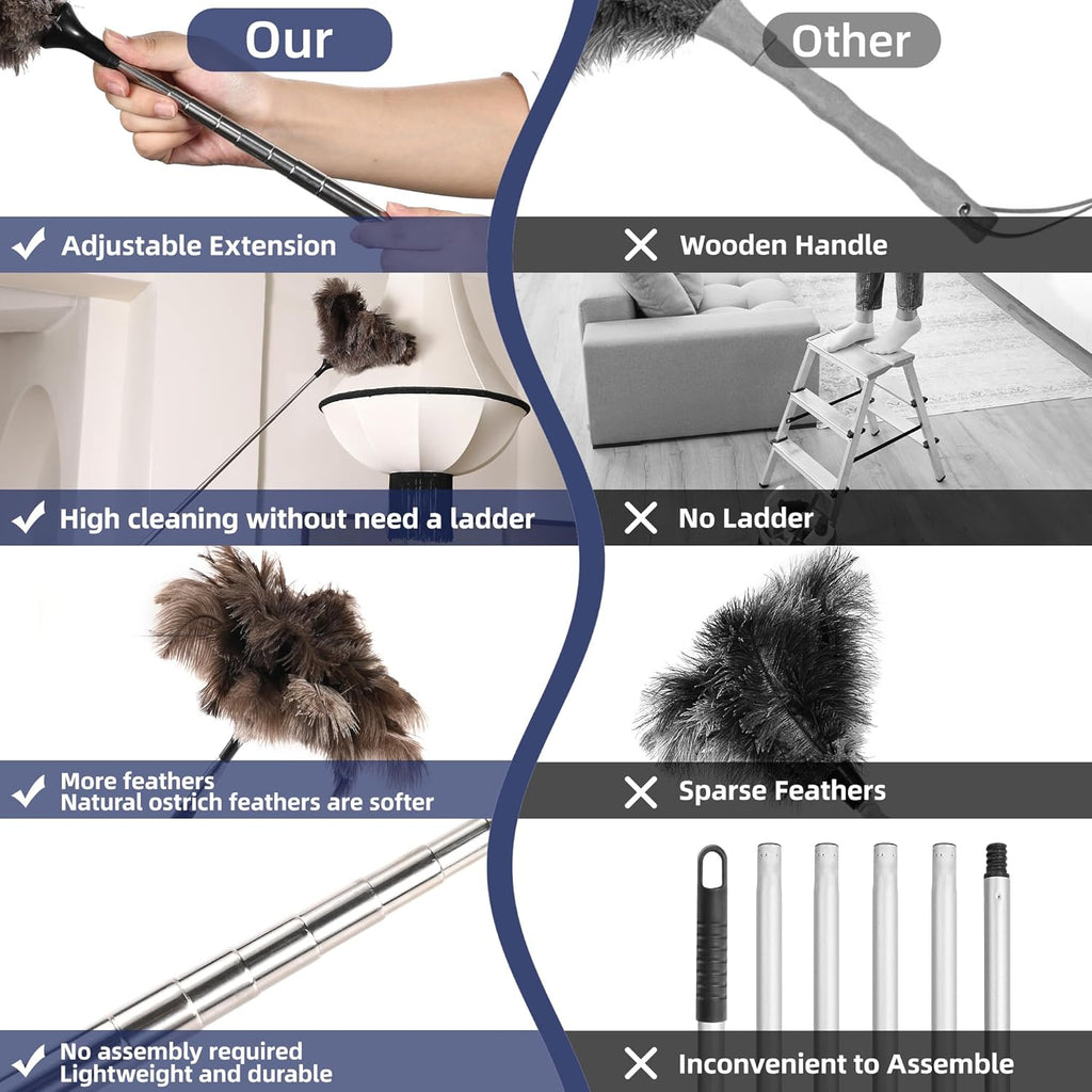 Soarer Extendable Ostrich Feather Duster - 40 inches Fluffy Long Handle Reusable Feather Duster for Cleaning Ceiling Fan,Pendant lamp, High Ceiling, Blinds, Furniture