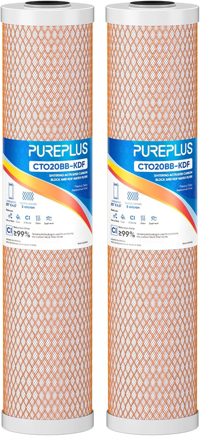 PUREPLUS 5 Micron 20" x 4.5" Whole House Coconut Shell Activated Carbon and KDF Water Filter, Heavy Metal Removal Replacement Water Filter, CTO20BB-KDF, 2 PACK