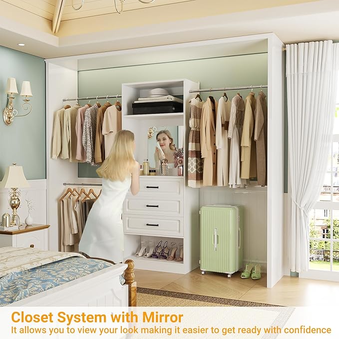 Unikito 48" W - 96” W Closet System with Mirror, 8FT Walk in Closet Organizer Kits with Drawers and 3 Extendable Hanging Rod, Sturdy Wood Clothing Garment Rack with 25” Tower, Max Load 1000 LBS, White
