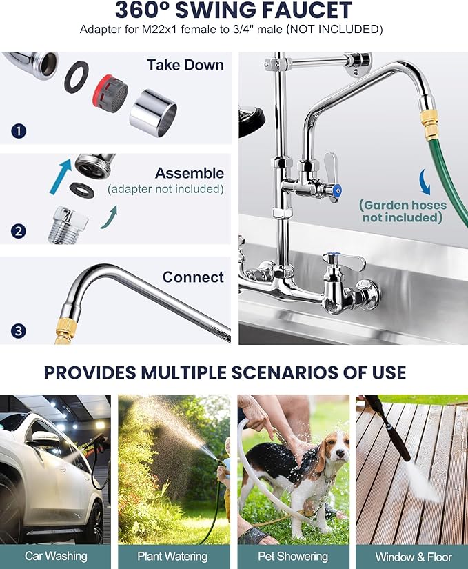 25" Height Commercial Faucet Wall Mount with Sprayer 8" Adjustable Center 9.6" Swing Spout, Kitchen Sink Faucet with Pull Down Pre-Rinse Sprayer for Restaurant Industrial Kitchen, Chrome