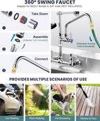 25" Height Commercial Faucet Wall Mount with Sprayer 8" Adjustable Center 9.6" Swing Spout, Kitchen Sink Faucet with Pull Down Pre-Rinse Sprayer for Restaurant Industrial Kitchen, Chrome