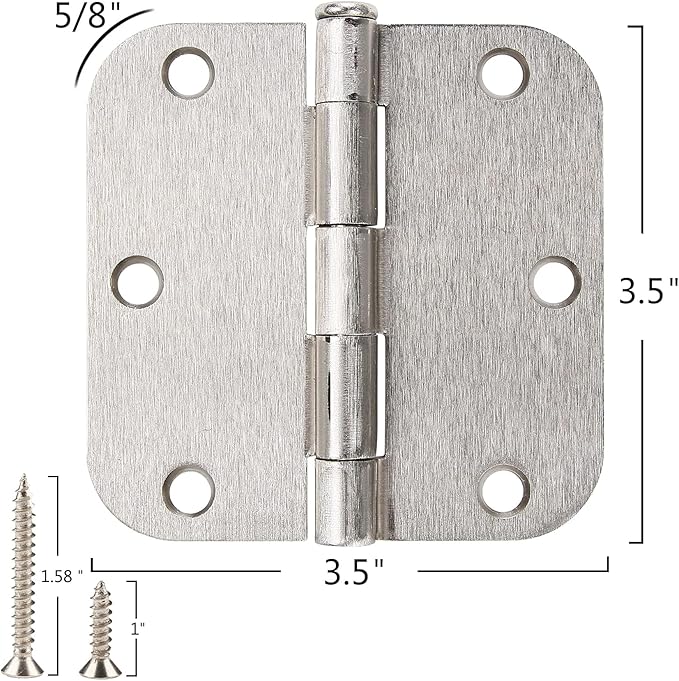 100 Pack Interior Door Hinges Brushed Nickel 3.5 inch x 3 1/2" 5/8" Round Residential Bi-fold Bedroom Standard Hinge for Wood Single/Double Bedroom Doors Silver House Hardware Kit Controls 3 ½"