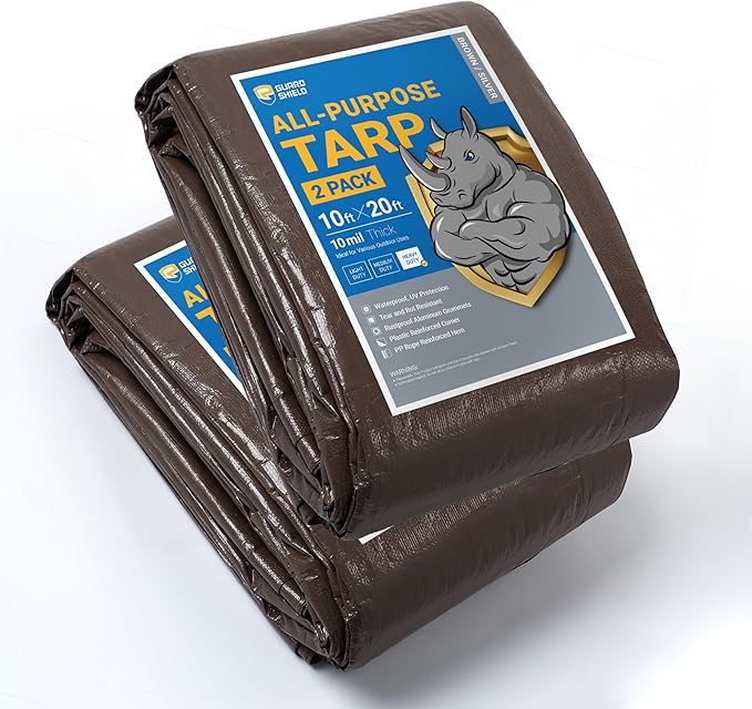 GUARD SHIELD Tarps Heavy Duty Waterproof 10x20 Feet Brown/Silver Poly Tarp Cover Outdoor Thick UV Resistant Tarpaulin with Grommets 10mil (2-Pack)