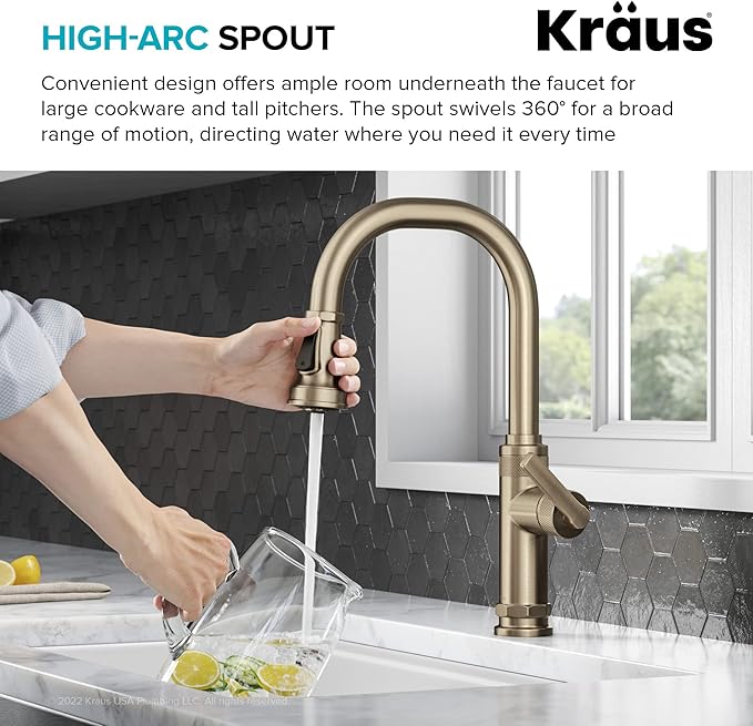 KRAUS Allyn Industrial Pull-Down Single Handle Kitchen Faucet in Spot-Free Antique Champagne Bronze, KPF-4102SFACB