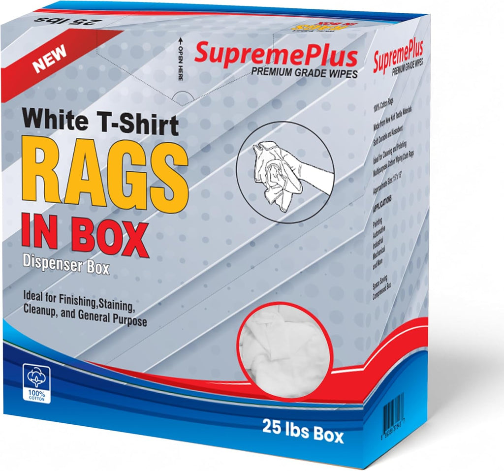 Premium White T-Shirt Cleaning Rags (25 lbs. Compressed Box of Rags) – White Cotton Cloths for Cleaning, Staining, Painting, Oil, Grease & Dust Removal