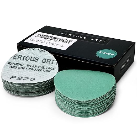 Serious Grit - 3-Inch 220 Grit Sanding Discs - Heavy-Duty Hook & Loop Film Discs - Sandpaper for Woodturning, Bowl Sanding & Power Tool Drill Attachment Sanding Pads - Pack of 50