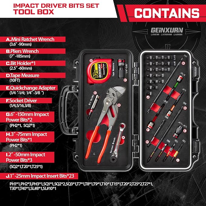 38Pcs Tools Set Packaged with Heavy-duty Tool Box, Include Screwdriver Bits, Nut Driver, Mini Ratchet Wrech, Quick change adapter,Tape Measure,Pliers Wrench and Bit Holder for Home Repairs