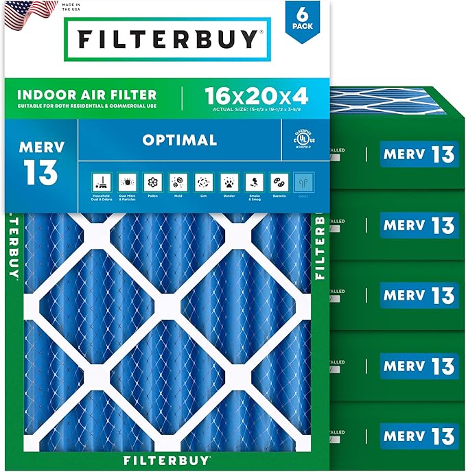Filterbuy 16x20x4 Air Filter MERV 13 (MPR 1900) Health Defense Replacement (6-Pack), Electrostatic Pleated HVAC AC Furnace Filters, Made in USA (Actual Size: 15.50 x 19.50 x 3.63)