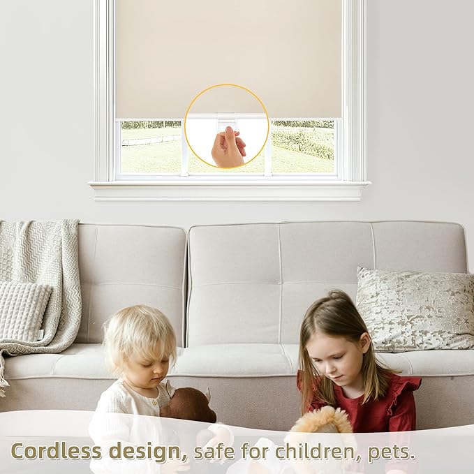 ChrisDowa Cordless Blackout Roller Shades for Windows, Thermal Insulated UV Protection Pull Down Shades, Total Blackout Window Blinds for Home, Office, Bedroom, Door (37" W x 72" H, Beige)