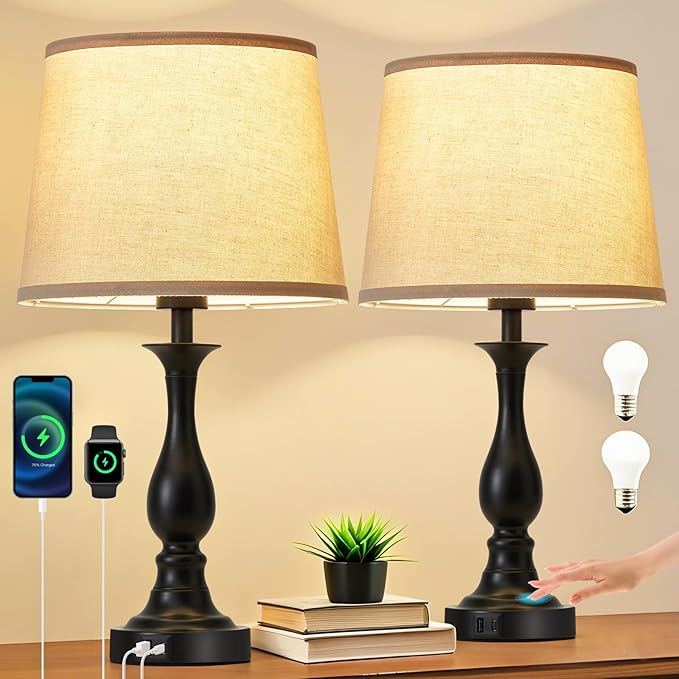 Bedside Table Lamp Touch Control Bedroom Lamps with USB-C USB-A Charging Port 3 Way Dimmable Touch Lamps for Nightstand Living Room Bedroom Dorm Home Office Reading, Set of 2