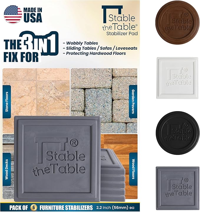 Stable the Table-6 Pack-Grey Square, Furniture Leveler & Riser, Anti-Slip Sofa Gripper for Hardwood Floors, Floor Protector, Stacking Furniture Pad, Bed, Desk, Couch & Table Stabilizer, Made in USA