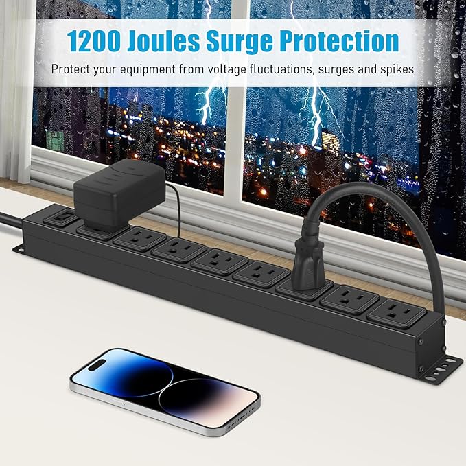 HHSOET Magnetic Mount Power Strip, 8 Outlet Mountable Socket, Metal Heavy Duty Surge Protector, Gaming Table Outlet, Easy to Fix Without Drilling or Taping, 3FT Extension Cord.(Black)