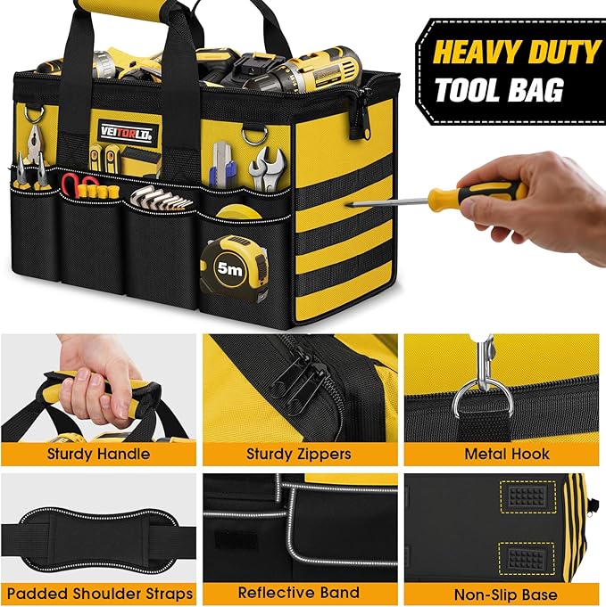 16-Inch Heavy Duty Tool Bag, 19-Pockets Tool Box Organizer, Portable Toolbag W/Soft Handle, Organized Storage, Mechanic Gifts for Men Dad Husband Him Christmas, Wide Mouth Toolbox Organization, Yellow