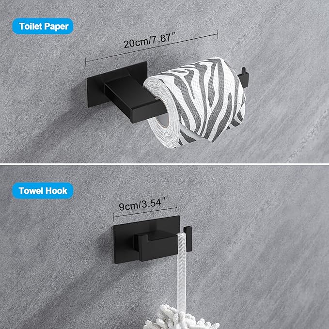 4-Pieces Bathroom Hardware Accessories Set, Towel Rack Towel Bar Toilet Paper Holder Towel Hook Self Adhesive Stainless Steel Towel Rack Set for Bathroom Wall Mounted, Matte Black 16 Inch