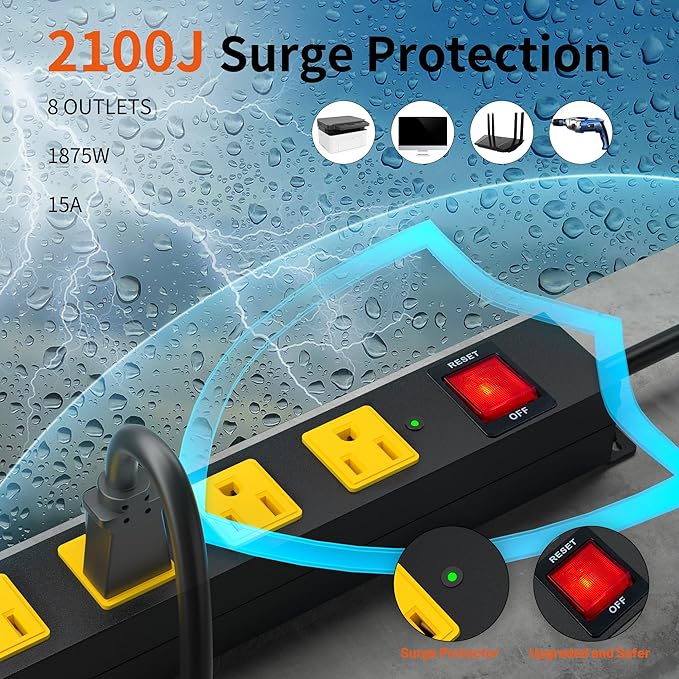 Heavy Duty Surge Protector 8 Outlet Long Power Strip Extension Cord Wide Spaced and Wall Mount Metal Powerstrip for Home Office Workshop Garage (6FT)