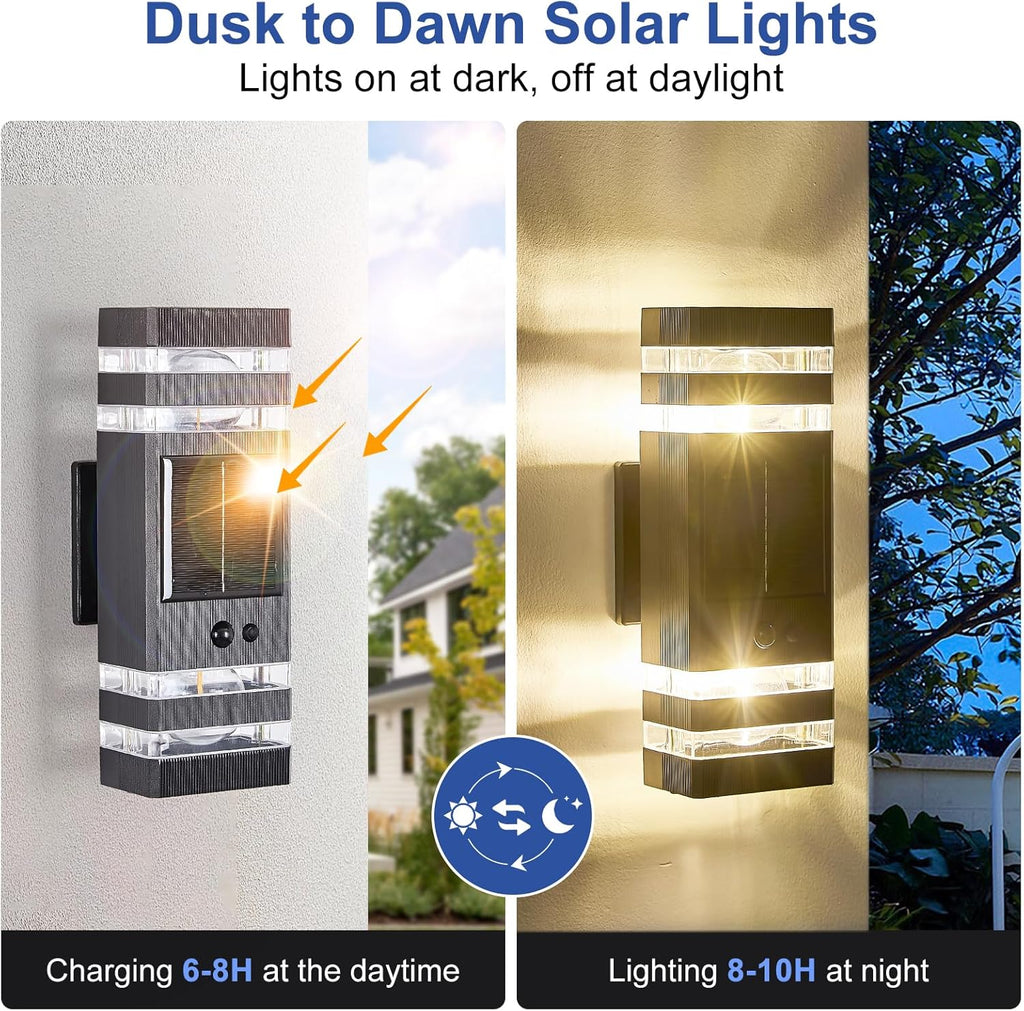 2 Pack Solar Outdoor Wall Lights with 3-Mode Motion Sensor Outside Sconces Up Down Solar Porch Light Fixtures 3000K 500LM Dusk to Dawn Modern Exterior Wall Lamp for House Garage Front Door