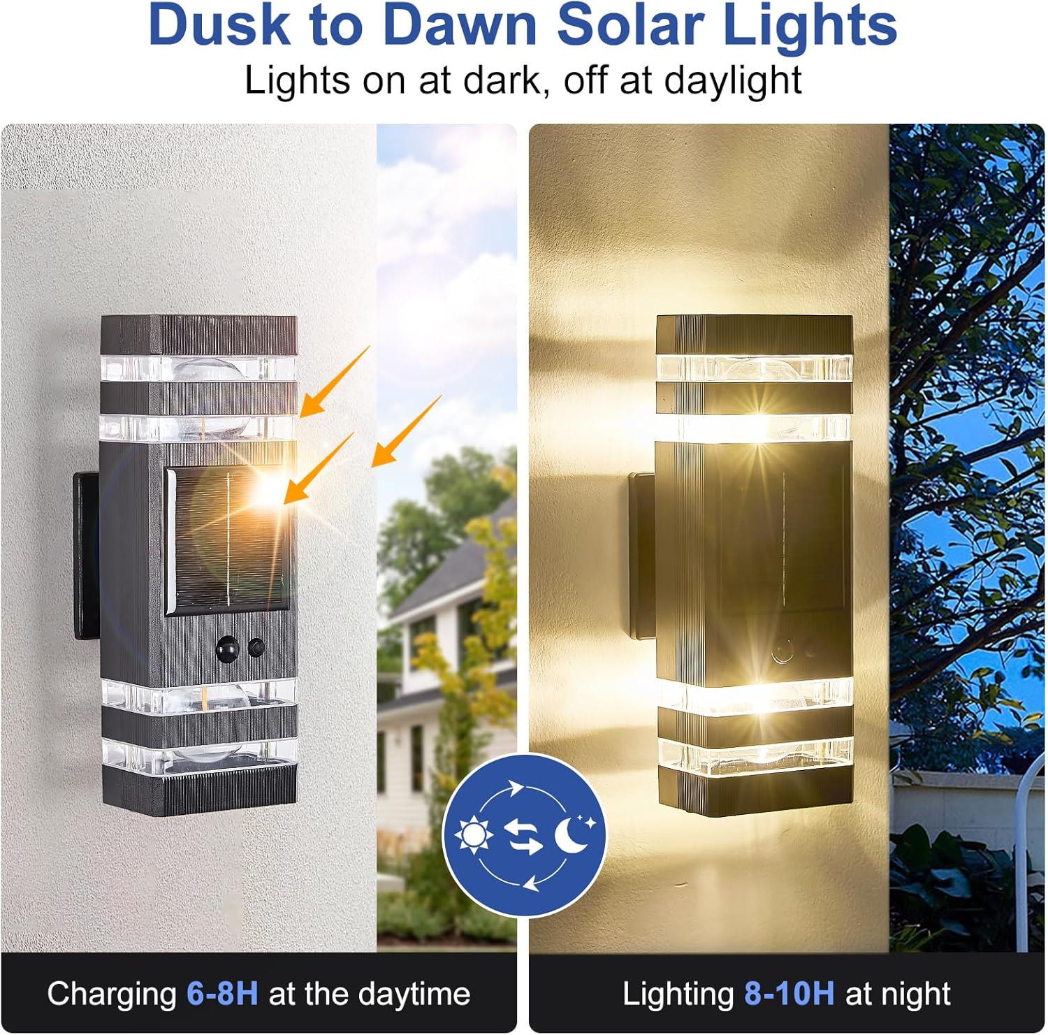 2 Pack Solar Outdoor Wall Lights with 3-Mode Motion Sensor Outside Sconces Up Down Solar Porch Light Fixtures 3000K 500LM Dusk to Dawn Modern Exterior Wall Lamp for House Garage Front Door