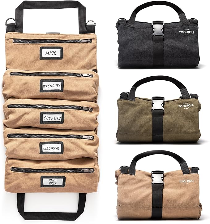 Official Legacy Tool Roll Bag - Easy to Carry 5-Pocket Roll Up Tool Bag - Durable Canvas, Rust-Proof YKK Zippers & Secure Buckle - A Loving Gift for Dads, Mechanics, Electricians & Hobbyists | Khaki