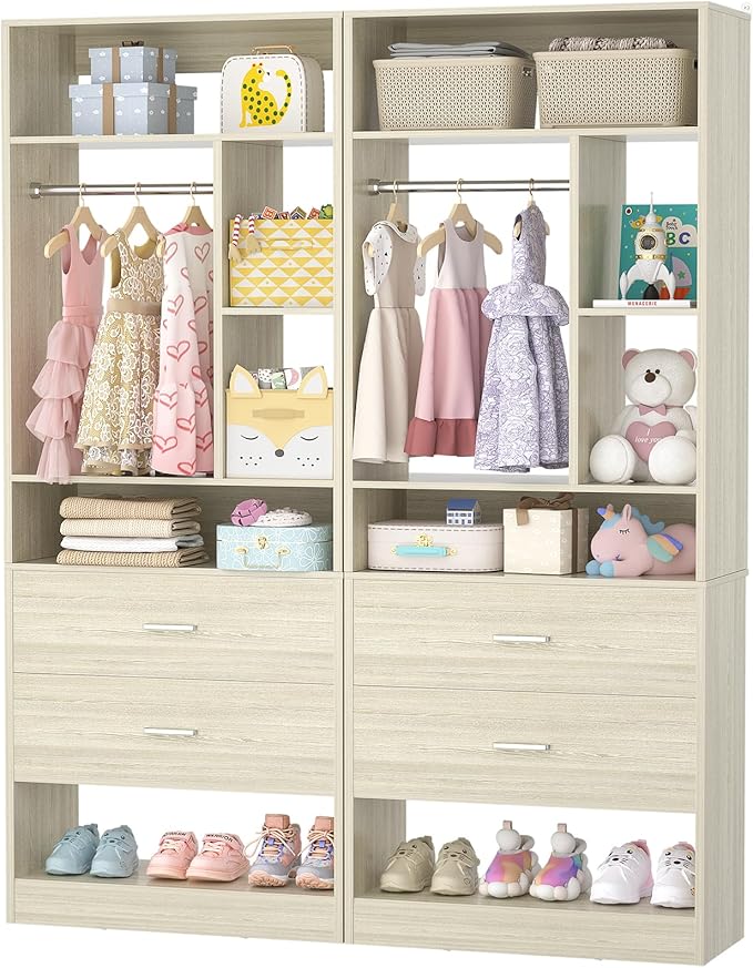 4FT Closet System with 4 Wood Drawers, 48" Closet Organizer System with 10+ Small Shelves & 2 Hanging Rods, Walk-in/Nursery Closet Systems, Set of 2, White Oak (48" L x 15" W x 80" H)