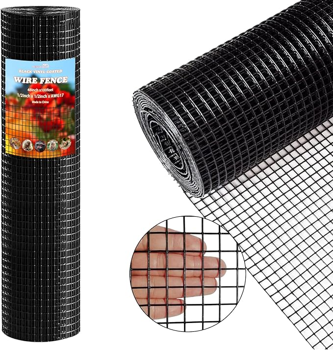 Thinkahead Black Steel 1/2 inch 48 X 100 ft 19 Gauge Vinyl PVC Coated Wire Mesh Roll Galvanized Hardware Cloth