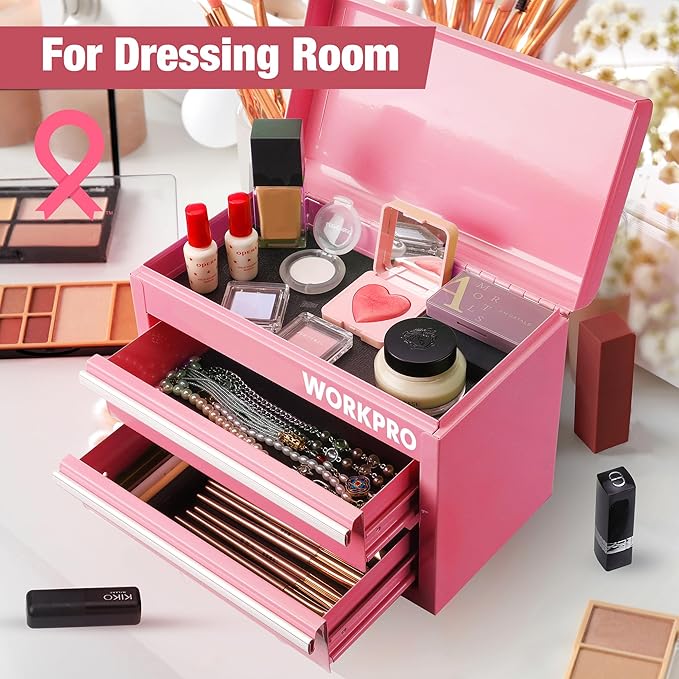 WORKPRO Mini Metal Tool Box with 2 Drawers and Top Storage, Small Tool Chest with PVC Liners and PP Feet Pads, Cold Rolled Steel Toolbox with Magnetic Tab - Pink Ribbon