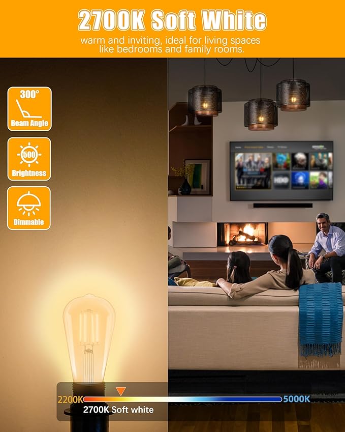 MASTERY MART 6 Pack Vintage Edison Bulbs, E26 Led Bulb 5.5W Equivalent to 60W, Dimmable, 2700K Soft White, High Brightness Antique ST19, Clear Glass