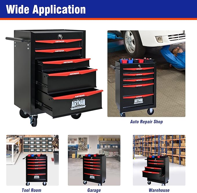 5 Drawers Rolling Tool Box on Wheels, Multifunctional Tool Chest Cabinet with Lock, Drawers Rolling Tool Cart Trolley Organizer Tool Storage Case for Warehouse,Garage,Workshop (Black&Red)