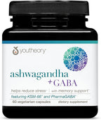 Youtheory Ashwagandha + GABA - 1,000 mg Ashwagandha & 100 mg GABA - Cortisol, Stress & Memory Support Supplement - 60 Vegetarian Capsules