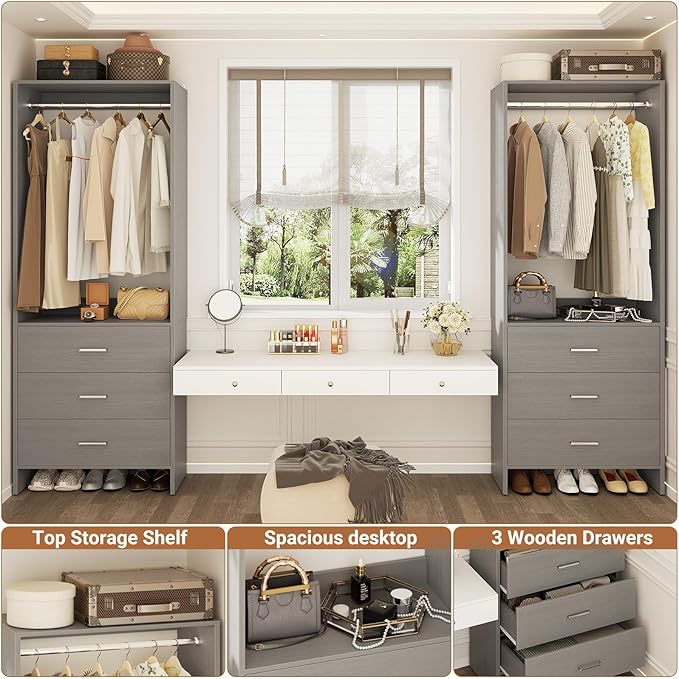 Aheaplus Closet System Closet Organizer, Wood Closet Organizer System, Walk-in Closet or Small Closets Wardrobe, Clothes Rack with Hanging Rods, 4FT Closets, Set of 2, , Grey
