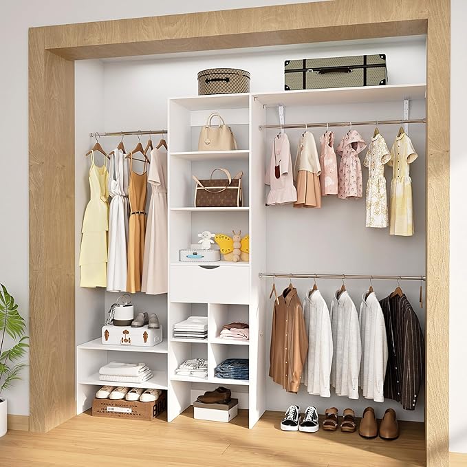 8ft Closet System with Drawers, 99 Inches Walk in Closet Organizer System with 3 Hanging Rods, Adjustable Built in Closets Systems, Sturdy Closets Insert, Easy Assembly, Max Load 1000 Lbs, White