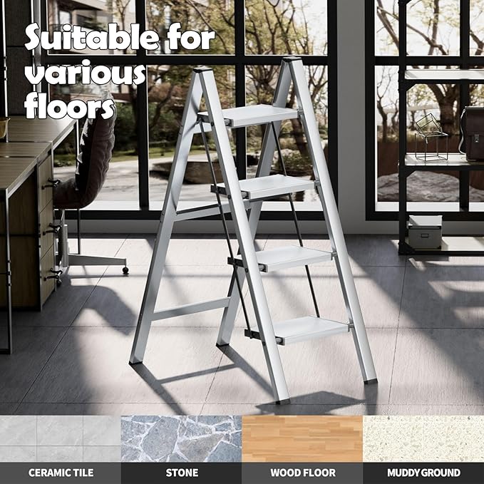 Taranta 4 Step Ladder,Aluminum Lightweight Folding 4 Step Stool with Anti-Slip Wide Pedal,330lbs Capacity Step Ladder for Household,Kitchen,Office - Silver