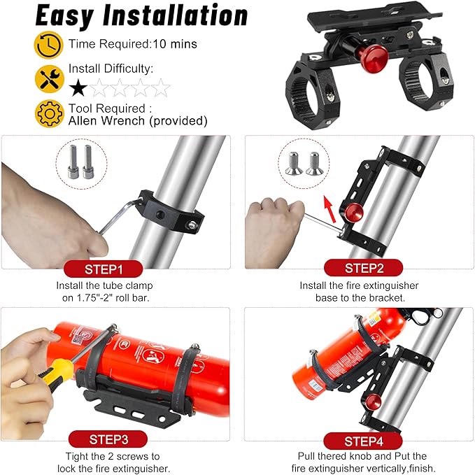 UTV Fire Extinguisher with Mount Kit- Quick Release Roll Bar Fire Extinguisher Bracket Holder for Any Vehicle with 1.75"-2" Roll Bar, Compatible with Polaris RZR/Can Am X3/Jeep Wrangler