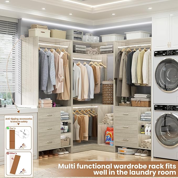 Aheaplus Closet System with 6 Drawers, 4 Hanging Rods & Corner Tower, Corner Closet System with Hanging,92.6" L-Shaped Walk-In Wardrobe Organizer, 2000+ lbs Capacity, Set of 3, White Oak