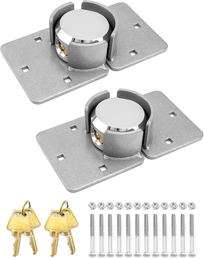 QWORK Heavy Duty Puck Lock and Hasp, 2 Pack High Security Steel Hidden Shackle Keyed Different Padlocks with Keys for Trucks, Gates, Vans and Vending Machines