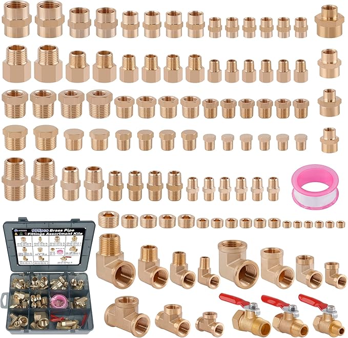 105PCS Brass Pipe Fittings Assortment Kit NPT Adapter,Reducer Bushing, Hex Nipple, Reducing Hex Coupling,90 Degree Street Elbow,Street Tee,Ball Valve,Hex Head Plugs,Socket Plug Fittings Kits