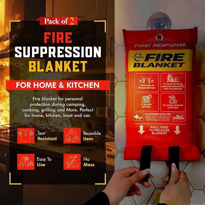 Mart Cobra Fire Blanket 2-Pack – Emergency Fire Suppression for Home & Kitchen – 40"x40" Fireproof Fiberglass Safety Blankets – Heat Resistant & Easy to Use – Smothers Grease & Electrical Fires