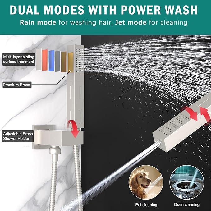 Enga Dual Shower Head Shower System with Body Jets, Wall Mount 10+6" Dual Rain Shower Head with 2 in 1 Handheld Spray for Two People, Shower Faucet Set with Valve Kit, Brushed Nickel