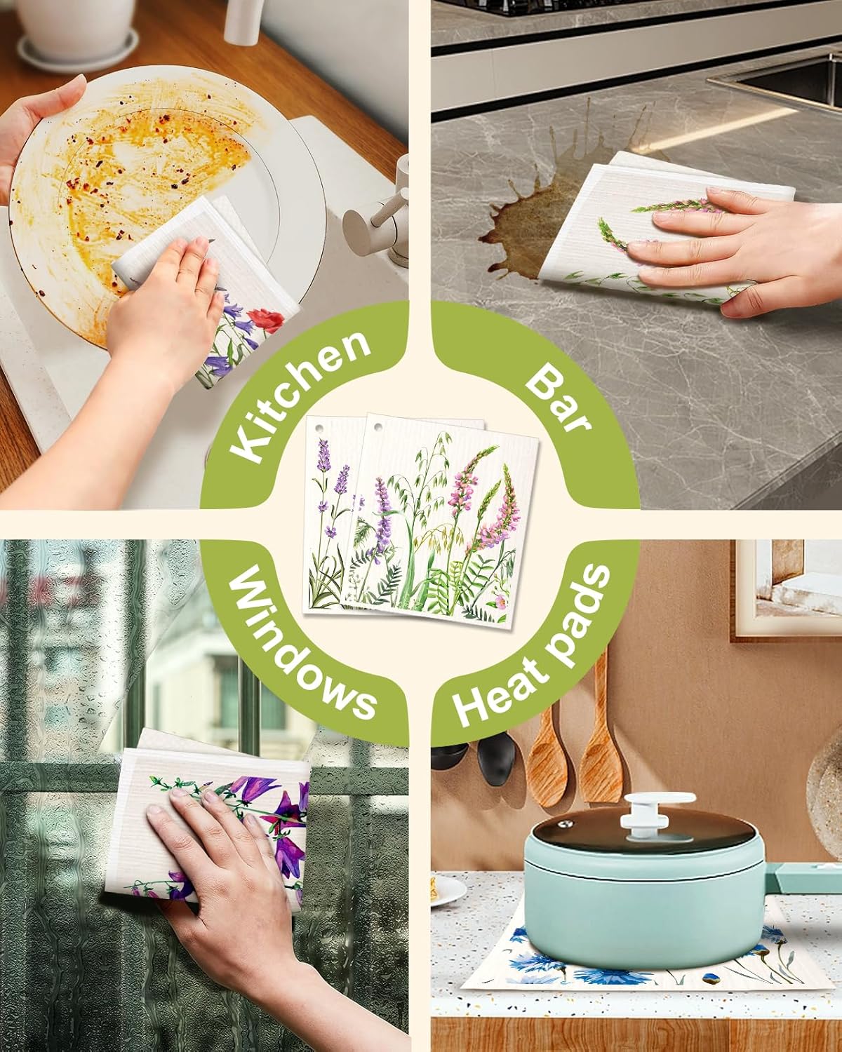 6 Pack Swedish Dishcloths for Kitchen - Reusable Dish Cloths for Washing Dishes Absorbent Cute Funny Kitchen Towels Cleaning Sponge, Lavender Flower