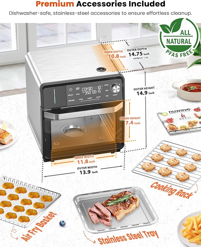 Nuwave Combi Steam Oven, Non-Toxic Stainless Steel Multi-Cooker with Air Fry, Steam, Sous Vide, Toast & More, 50-450°F Precision, 120 Presets, Moisture Control, Programmable, Easy to Clean