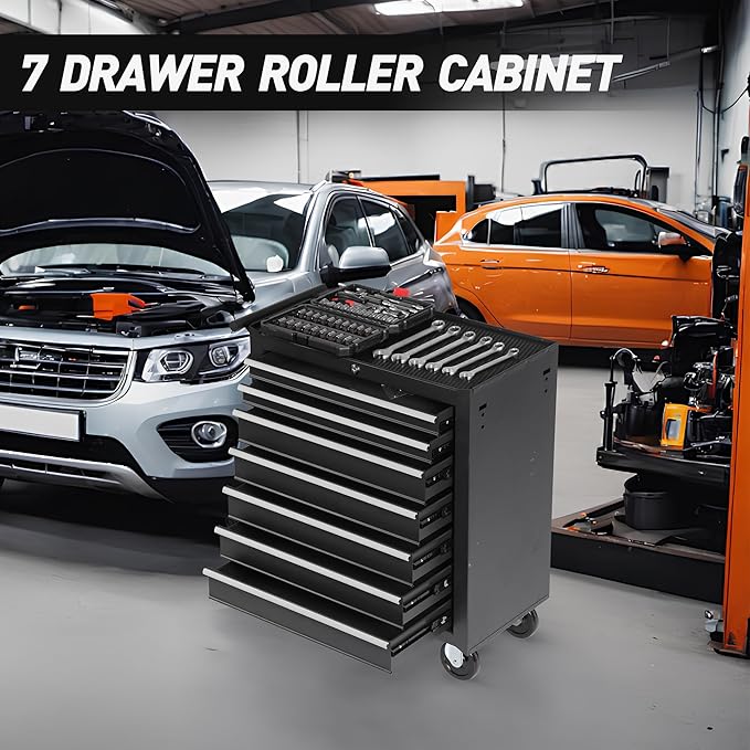 7-Drawer Rolling Tool Chest w/Drawers & Lock, Tool Storage Cabinet with Lockable Wheels, Top Cushion & Drawer Liners, Tool Organizer Box for Garage, Warehouse & Repair Sho