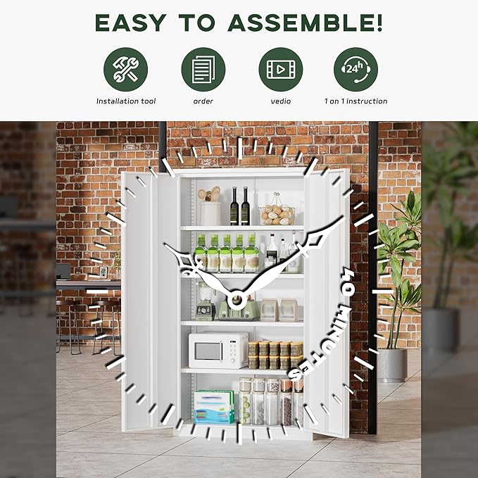 Greenvelly Metal Garage Storage Cabinet with 2 Doors & Adjustable Shelves, 72" Lockable Steel Tool Cabinet - White - (36" W x 18" D)