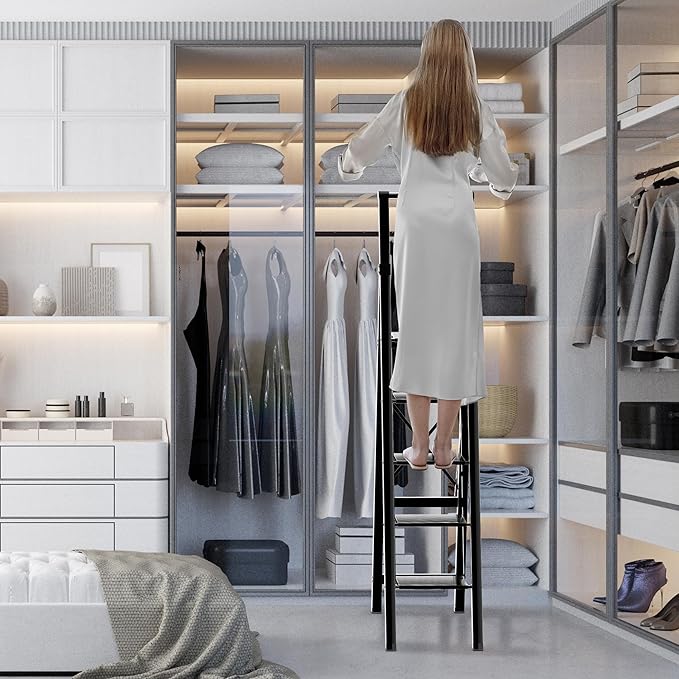 5 Step Ladder Adult Portable Folding Step Stool, Folding Aluminum Step Ladder with Double Padded Treads, Step Ladder with Handle for Home, Kitchen, Outdoor, 330 lb Weight Capacity - Black