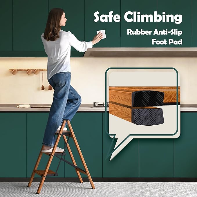 Taranta 3 Step Ladder,Aluminum Lightweight Folding 3 Step Stool with Anti-Slip Wide Pedal, 330lbs Capacity Step Ladder for Household,Kitchen,Office - Woodgrain