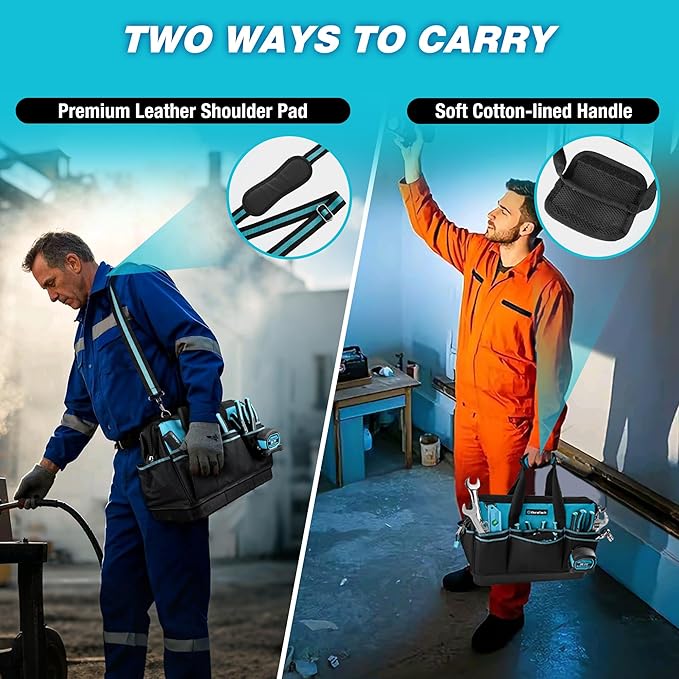 DURATECH 16-Inch Heavy Duty Tool Bag with Waterproof Hard Bottom, Tool Bag Organizer Wide Open Mouth with 18 Pockets, Portable Toolbag for Men Mechanic Electrician Plumber HVAC