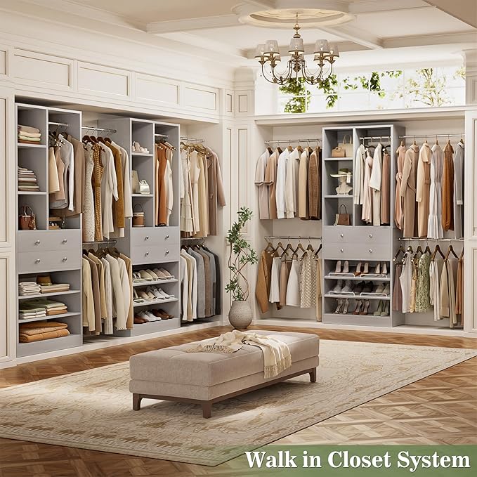 Closet System, 4.2–8.8 FT Closet Organizer with 2 Wooden Drawers and Shelves, Walk-in Closet System with 5 Hang Rods, Built-in Reach in Closet Tower, Can Fit 60 to 96 inch, Morandi Grey
