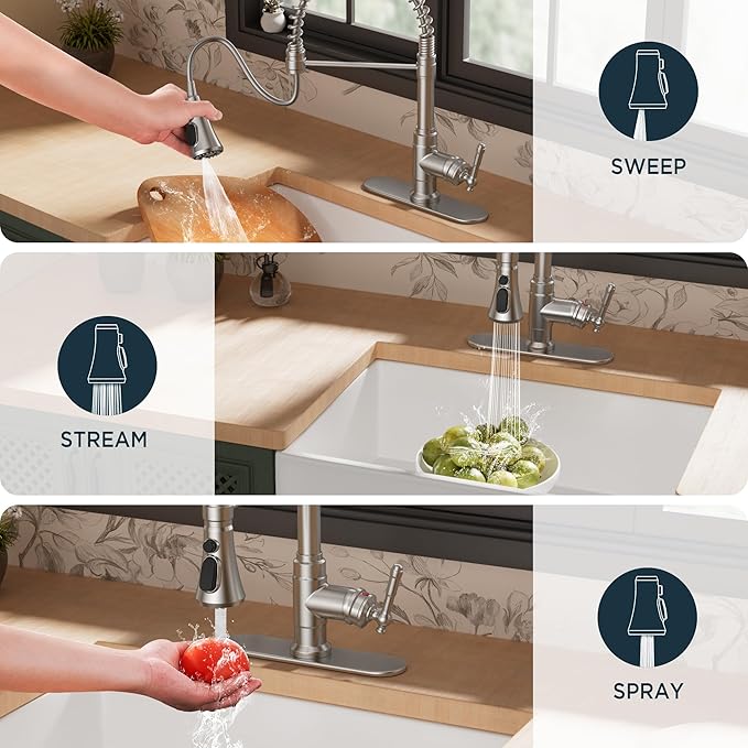 FORIOUS Vintage Kitchen Faucet Pull Down Sprayer Brushed Nickel Stainless Steel, High Arc Single Handle Antique Sink Faucet 1 or 3 Holes for Pot Filler, Farmhouse Camper RV Wet Bar