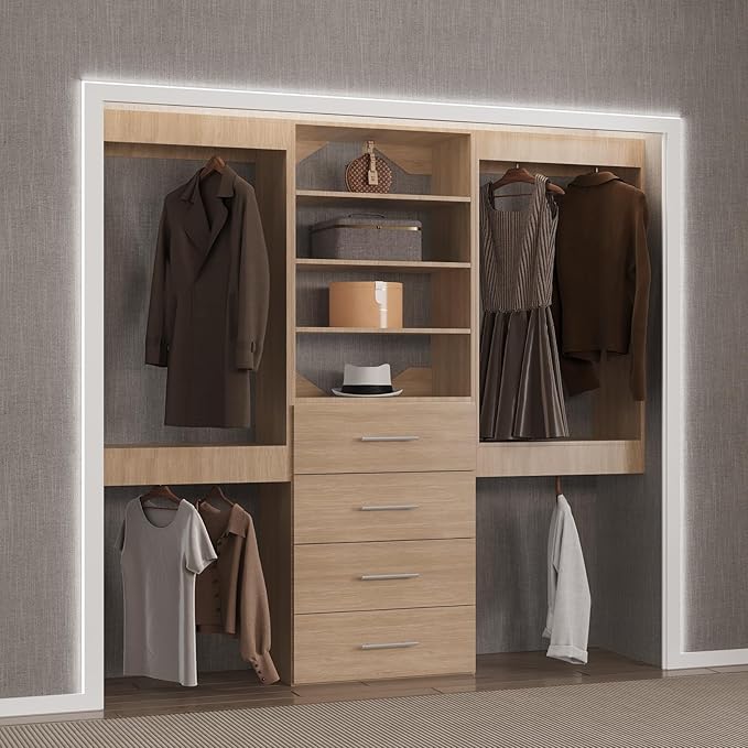 Modular Closet System, 90" Wide Closet Organizer System with Hanging and Drawers, Wood Tower Closet Storage for Walk In Closets, Wall Mounted Wardrobe Organizer Kit System, Bedroom, Wood