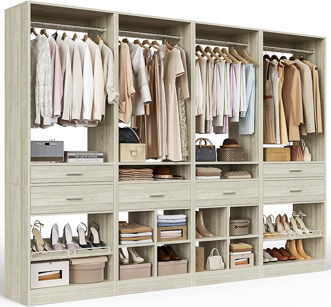 Unikito Closet System, 8.2FT Closet Organizer with 6 Wooden Drawers, Hanging Rods, Adjustable Shoe Rack and Cube Storage, Easy Assembly Wardrobe Tower, Set of 4, White Oak