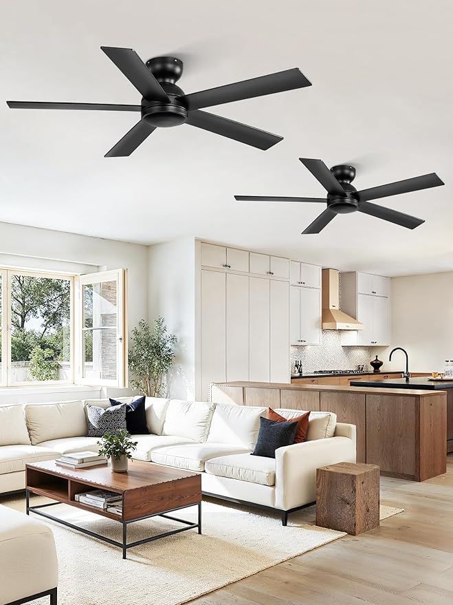 2 Pack 48 Inch Low Profile Ceiling Fan no Light, Black Ceiling Fan without lights, 6-Speeds, Quiet Reversible DC Motor, Indoor/Outdoor Ceiling Fans without Lights for Patio, Living Room, Bedroom